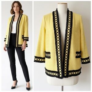 Misook Yellow Tweed Black Fringe Trim Jacket Open Front Y2K Lux Parisian Sz L